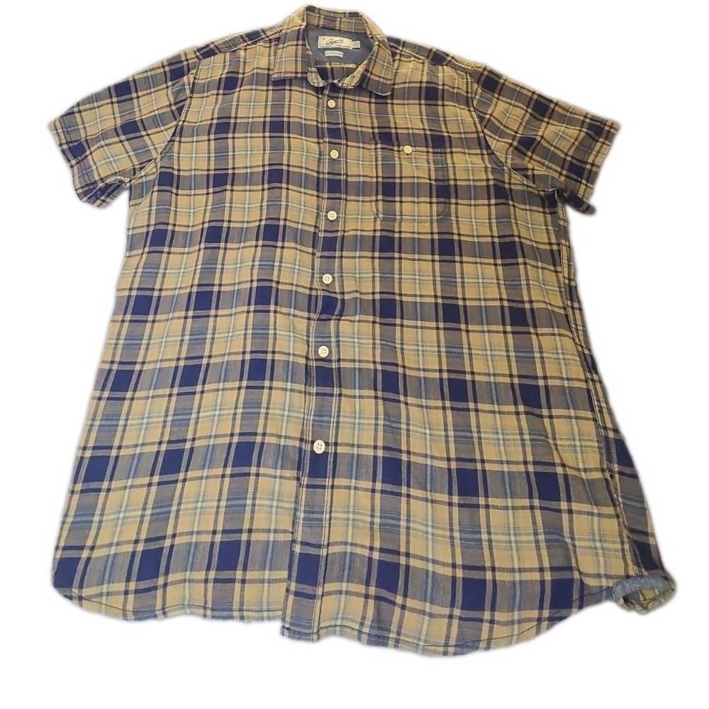 Grayers Shirt Mens XL Plaid Button Up Short Sleeve Tan Navy Blue Cotton Plaid XL